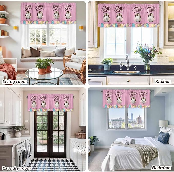 Pink Easter Curtain Valances for Windows, Kitchen Valance Window Treatment, Easter Bunny Eggs Spring Cartoon Farmhouse Wood Grain Light Filter Block Curtains for Bathroom/Bedroom/Living Room 42''x18''