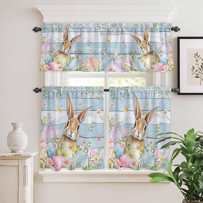 Kitchen Curtains Tiers and Valance Set of 3, Easter Light Filtering Window Curtain Set, Farmhouse Spring Rabbit Eggs Flowers Wooden Board Rod Pocket Curtain Drapes for Living Room, 36 Inches Tiers