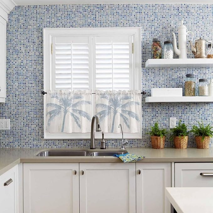 Summer Coconut Tree on Vintage Wood Grain Window Valance Curtains, Seaside Plants Light Filtering Kitchen Valance with 3-inch Rod Pocket for Living Room Bathroom Bedroom,2 Panel,27.5x36In