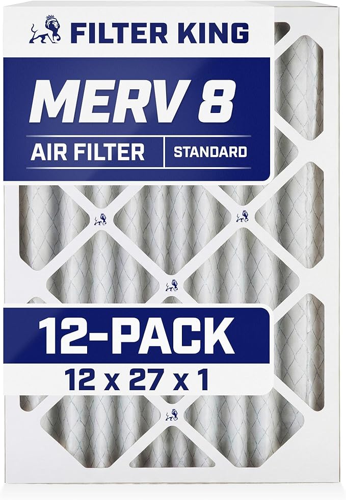 Filter King 12x27x1 Air Filter | 12-PACK | MERV 8 HVAC Pleated A/C Furnace Filters | MADE IN USA | Actual Size: 11.5 x 26.5 x .75"