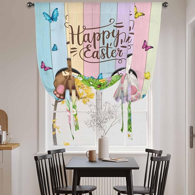 Tie Up Curtains,Happy Easter Rabbit Butt Egg on Daisy Leaf Adjustable Rod Pocket Window Shade Curtain Drape Bufferfly on Wood Barn Tie-Up Valance for Kitchen Bedroom Living Room Windows,42"x54"