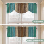 Teal Blue Brown Tie Up Valance Curtains for Windows, Kitchen Curtains Window Shades, Farmhouse Retro Wooden Grain Stripes Light Filtering Roman Curtain Valances for Bedroom/Bathroom/Cafe 42"x18"