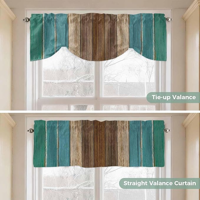 Teal Blue Brown Tie Up Valance Curtains for Windows, Kitchen Curtains Window Shades, Farmhouse Retro Wooden Grain Stripes Light Filtering Roman Curtain Valances for Bedroom/Bathroom/Cafe 42"x18"