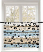 Sheer Curtains 54 Inch Length, Blue Dog Paw Print Semi Sheer Curtains Light Filtering Window Treatment, Vintage Farmhouse Rustic Wooden Grain Privacy Voile Drapes for Living Room Bedroom 52x54 Inch