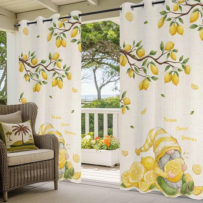 Summer Outdoor Curtains for Patio Lemon Gnome Leaf Linen Texture Waterproof Outside Curtains with Grommet Top Weatherproof Curtain for Cabana Pergola Gazebo, 1 Panel, 54" W x 84" L