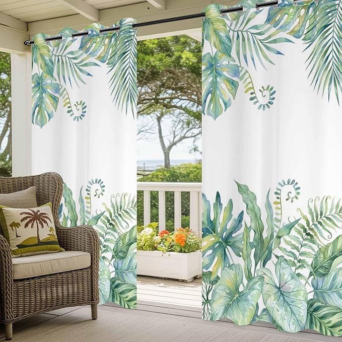 Leaves Outdoor Curtains for Patio Green Leaf Tropical Plants Farmhouse Pastoral Waterproof Outside Curtains with Grommet Top Weatherproof Curtain for Cabana Pergola Gazebo, 2 Pack, 54" W x 108" L