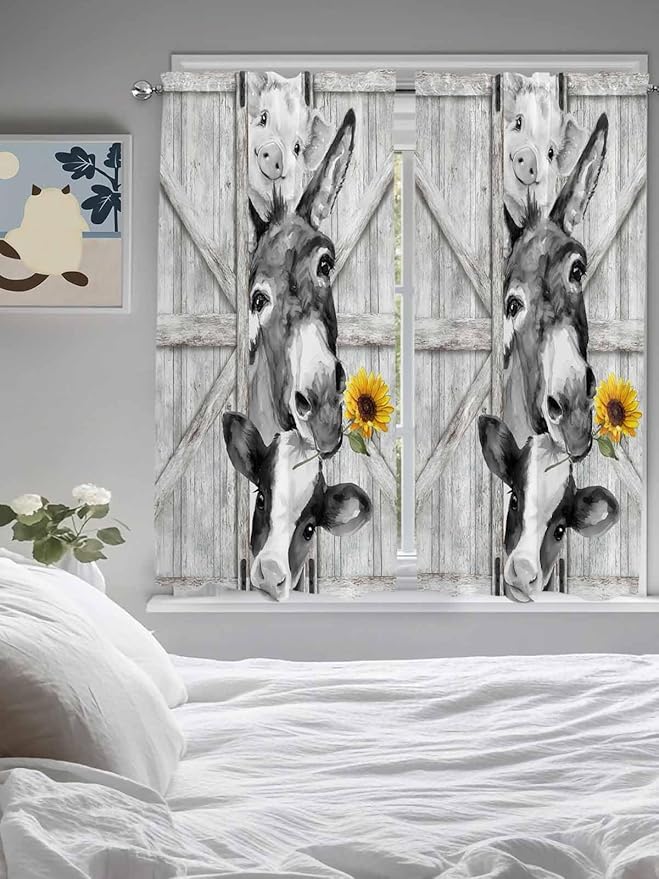 Grey Farmhouse Living Room Curtains 72 Inches Length, Vintage Sunflowers Animals Printed Window Treatment Curtain Drapes, Light Filtering Drapes for Bedroom Laundry Room, 52"x72", 2 Panels