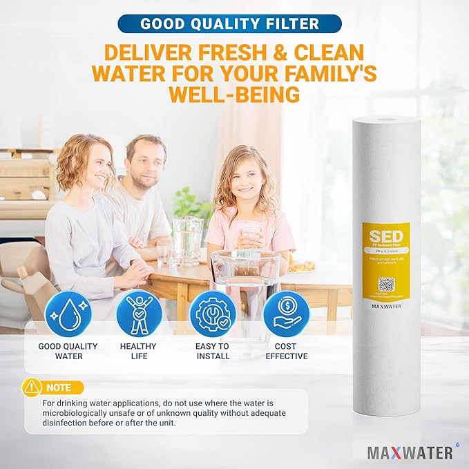 Max Water 1 Micron 20" x 4.5" Sediment Filter - 20 inch Whole House Water Filtration System Replacement Cartridge Compatible with DGD-5005-20, FP25B, AP810-6, P5-20, 155358-43, SDC-45-2005 - 10 Pack