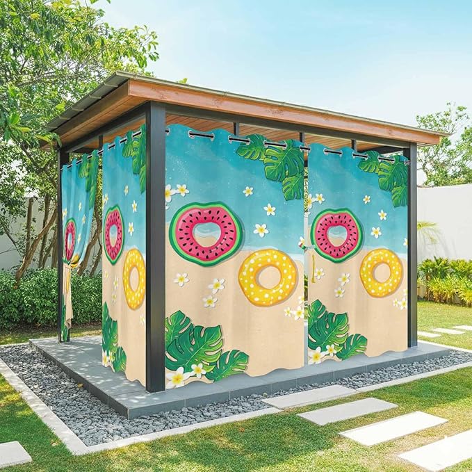 Summer Outdoor Curtains for Patio Plumeria Swimming Circles Ocean Beach Waterproof Outside Curtains with Grommet Top Weatherproof Curtain for Cabana Pergola Gazebo, 2 Pack, 54" W x 95" L