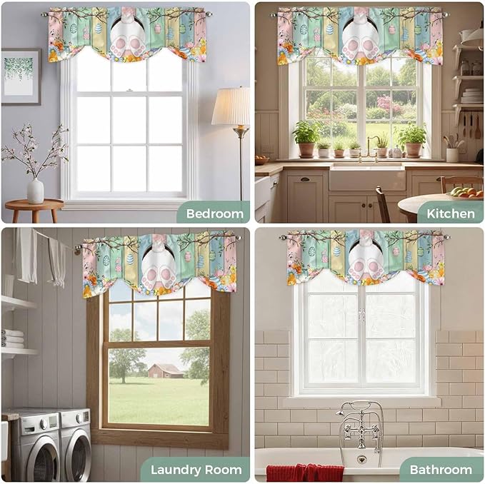 Easter Tie Up Valance Curtains for Windows, Kitchen Curtains Window Shades, Spring Colorful Bunny Eggs Flower Wood Grain Light Filtering Roman Curtain Valances for Bedroom/Bathroom/Cafe 60"x18"