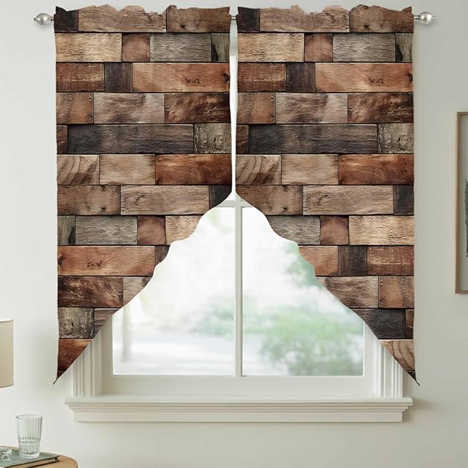 Western Barn Door Swag Valances for Windows, Vintage Farmhouses Wooden Door Brown Rod Pocket Kitchen Curtains Valance, Small Window Curtains Swag for Cafe Bathroom Living Room, 2 Panels, 36x36 inch