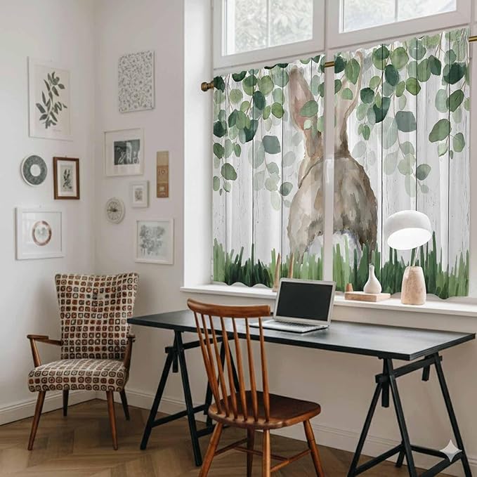 Easter Tier Curtains, Country Rabbit Botanical Leaves Wooden Grain Light Filtering Kitchen Curtains, 2Pcs Rod Pocket Half Window Treatments Panels for Sink Cafe Cabinet Basement 27.5x45 Inches