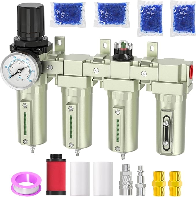 Industrial Grade 4-Stage Air Drying System, 3/4" Npt With Manual Drain, Desiccant Dryer, Air Regulator, Particulate Filter and Coalescing Filter For Paint Spray, Plasma Cutter