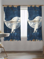 Sheer Curtains 72 Inches Long, Ocean Whale Blue Semi Sheer Curtains Light Filtering Window Treatment, Summer Sea Vintage Wooden Grain Privacy Voile Drapes for Living Room Bedroom 52x72 Inch