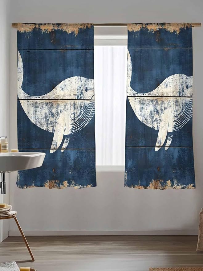 Sheer Curtains 63 Inch Length, Ocean Whale Blue Semi Sheer Curtains Light Filtering Window Treatment, Summer Sea Vintage Wooden Grain Privacy Voile Drapes for Living Room Bedroom 52x63 Inch