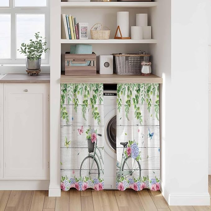 Spring Kitchen Curtains, Bicycles Botanical Rose Leaves Butterfly Wood Grain Light Filtering Window Curtain Panels, 2Pcs Rod Pocket Window Treatments Set for RV Dining Room Study Room 42x54 Inches