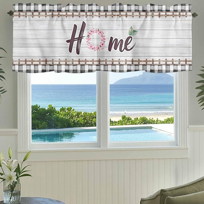 Spring Flowers Curtain Valances for Windows, Kitchen Valance Window Treatment, Farmhouse Watercolor Black Plaid Wood Grain Light Filtering Block Curtains for Bathroom/Bedroom/Living Room 42'' x 18''