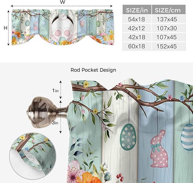 Easter Tie Up Valance Curtains for Windows, Kitchen Curtains Window Shades, Spring Watercolor Bunny Eggs Wood Grain Teal Blue Light Filtering Roman Curtain Valances for Bedroom/Bathroom/Cafe 42"x12"