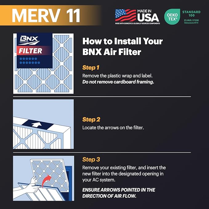 BNX TruFilter 20x20x2 Air Filter MERV 11 (4-Pack) - MADE IN USA - Allergen Defense Electrostatic Pleated Air Conditioner HVAC AC Furnace Filters for Allergies, Dust, Pet, Smoke, Allergy MPR 1200 FPR 7