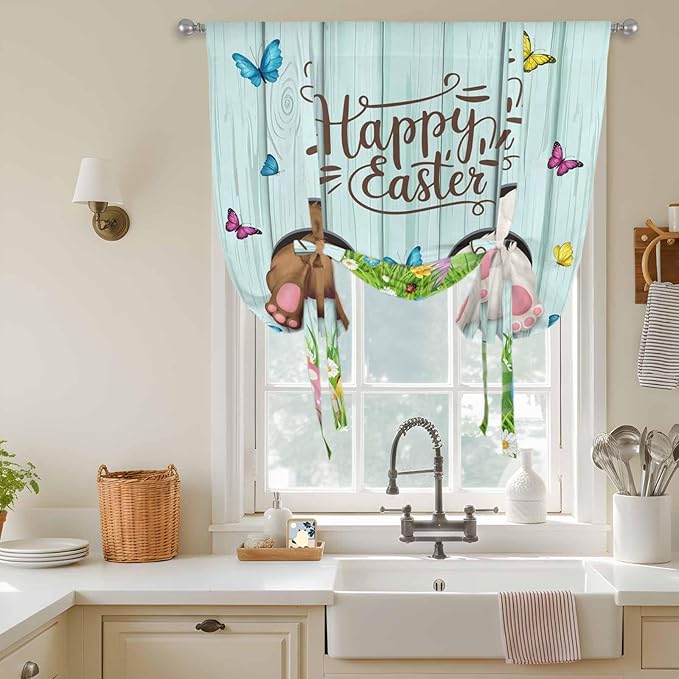 Tie Up Curtains,Happy Easter Bunny Butt Egg Floral Adjustable Rod Pocket Window Shade Curtain Drape Spring Plant on Aqua Wood Tie-Up Valance for Kitchen Bedroom Living Room Windows,42"x45"
