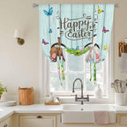 Tie Up Curtains,Happy Easter Bunny Butt Egg Floral Adjustable Rod Pocket Window Shade Curtain Drape Spring Plant on Aqua Wood Tie-Up Valance for Kitchen Bedroom Living Room Windows,34"x45"