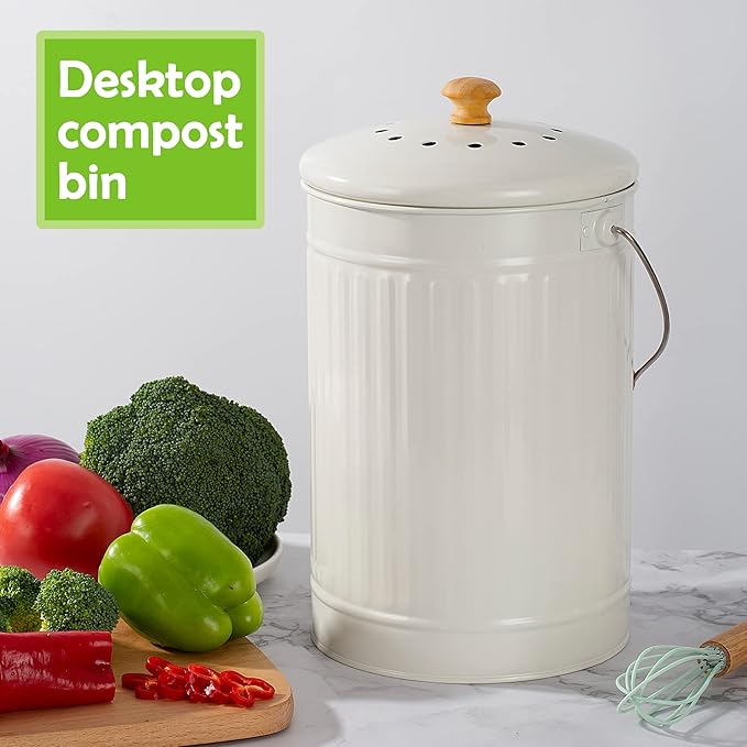 1.7 Gallon Kitchen Compost Bin, Indoor Countertop Compost Bin with Lid, 100% Rust Proof Compost Bucket with Non-Smell Charcoal Filters (White)