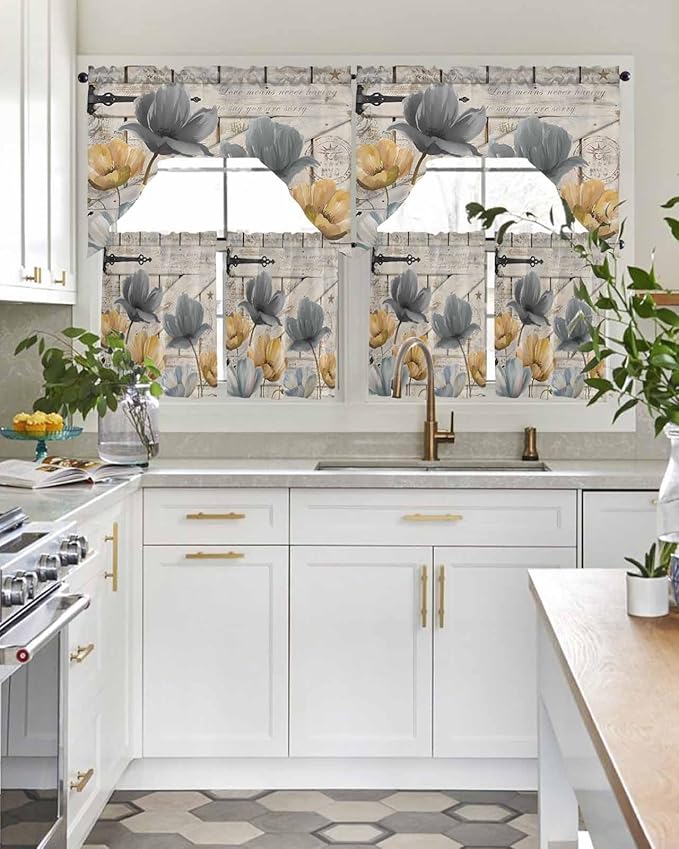 Vintage Tulip Swag Kitchen Curtains Valance and Tier Set, Farmhouse Retro Blue Yellow Grey Flower Barn Door Light-Filtering Swag Valance 24 Inch Length, Rod Pocket Short Curtain for Bedroom Cafe