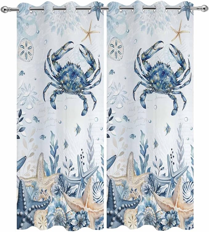 Oceans Outdoor Curtains for Patio Crabs Marine Life Shell Starfish Blue Waterproof Outside Curtains with Grommet Top Weatherproof Curtain for Cabana Pergola Gazebo, 2 Pack, 54" W x 84" L