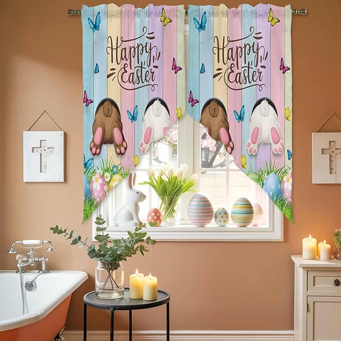 Swag Curtain Valances for Kitchen Windows,Happy Easter Rabbit Butt Egg on Daisy Leaf Short Rod Pocket Window Valance,Bufferfly on Wood Barn Swag Topper for Bedroom Living Room,2 Panels 36x63in