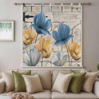 Blue Yellow Tulips Living Room Curtains 84 Inch Length, Window Curtains Tab Top, Retro Farmhouse Flower Barn Doors Wooden Light Filtering Window Treatments Drapes 42"x84" 2 Panel