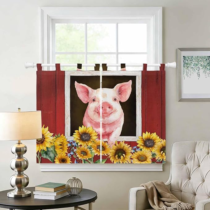 Pigs Sunflowers Bedroom Curtains 63 Inch Length, Window Curtains Tab Top, Farmhouse Red Barn Flowers Animals Light Filtering Window Treatments Drapes 42"x63" 2 Panel