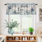 Kitchen Curtains Tiers and Valance Set of 3, Vintage Farmhouse Light Filtering Window Curtain Set, Blue Country Texas Star Vines Wooden Rod Pocket Curtain Drapes for Cafe, Living Room, 36 Inches Tiers