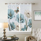Blue Tulips Bathroom Curtains 63 Inch Length, Window Curtains Tab Top, Watercolor Flowers Butterfly Spring Farmhouse Blue Light Filtering Window Treatments Drapes 52"x63" 2 Panel