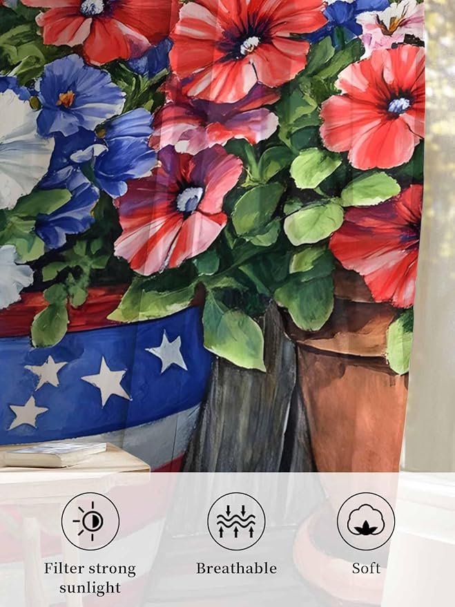 Sheer Curtains 84 Inches Long, Red Blue Flower Semi Sheer Curtains Light Filtering Window Treatment, Retro Independence Day Flag Wood Grain Privacy Voile Drapes for Living Room Bedroom 52x84 Inch