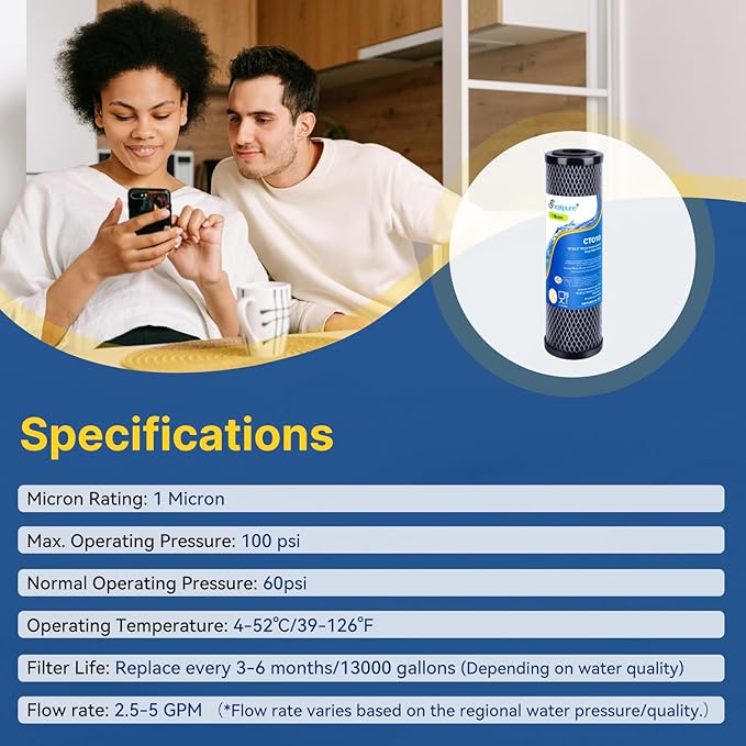 EXCELPURE 1 Micron 10" x 2.5" Whole House CTO Carbon Water Filter Cartridge Replacement for Home Countertop System, Dupont WFPFC8002, WFPFC9001, FXWTC, SCWH-5, WHEF-WHWC, WHCF-WHWC, CTO10, T01, 3PACK