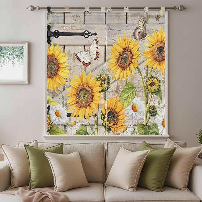 Farm Flowers Bathroom Curtains 63 Inch Length, Window Curtains Tab Top, Retro Sunflowers Barn Doors Butterfly Wood Board Light Filtering Window Treatments Drapes 52"x63" 2 Panel