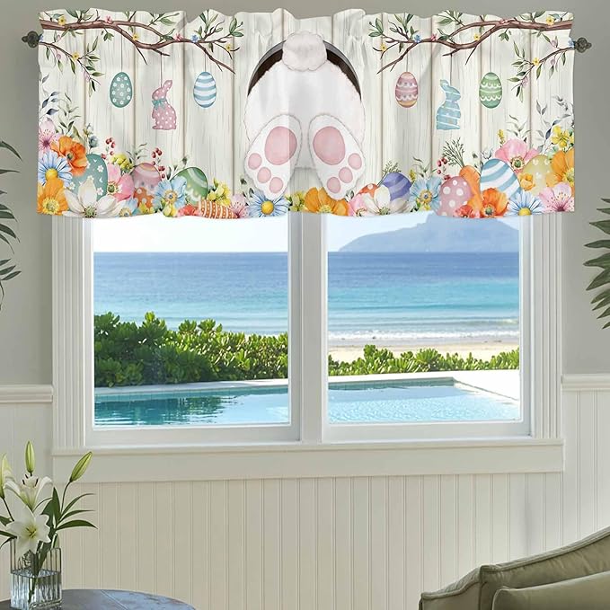 Easter Curtain Valances for Windows, Kitchen Valance Window Treatment, Spring Farmhouse Watercolor Bunny Eggs Wood Grain Light Filtering Block Curtains for Bathroom/Bedroom/Living Room 42'' x 18''