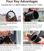 Kase 82mm Variable ND1.5-8 & CPL & Black Mist 3 in 1 Filter with 36 Multi-Coatings, Essential for Landscape & Vlog, Compatible with Canon Sony Nikon