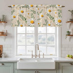 Spring Daisy Tier Curtains, Country Watercolor Flower Leaf Plant Light Filtering Kitchen Curtains, 2Pcs Rod Pocket Half Window Treatments Panels for Sink Cafe Cabinet Camper 27.5x36 Inches
