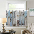 Blue Grey Wooden Kitchen Curtains 45 Inch Length, Short Cafe Window Curtains Tab Top, Farmhouse Barn Sunflowers Retro Light Filtering Window Treatments Tier Drapes 27.5"x45" 2 Panel