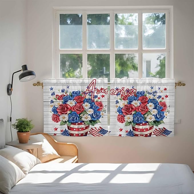 Independence Day Kitchen Tier Curtains 36 Inch Long 2 Panel Set,Rod Pocket Half Window Curtains Over Sink,4 of July Rose Wooden Grain Vintage Light Filtering Short Drapes Cafe 27.5"W x 36"L
