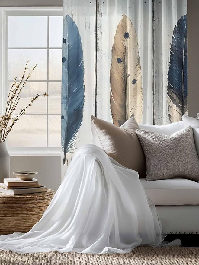 Sheer Curtains 63 Inch Length, Farmhouse Feather Semi Sheer Curtains Light Filtering Window Treatment, Watercolor Vintage Wooden Grain Privacy Voile Drapes for Living Room Bedroom 52x63 Inch