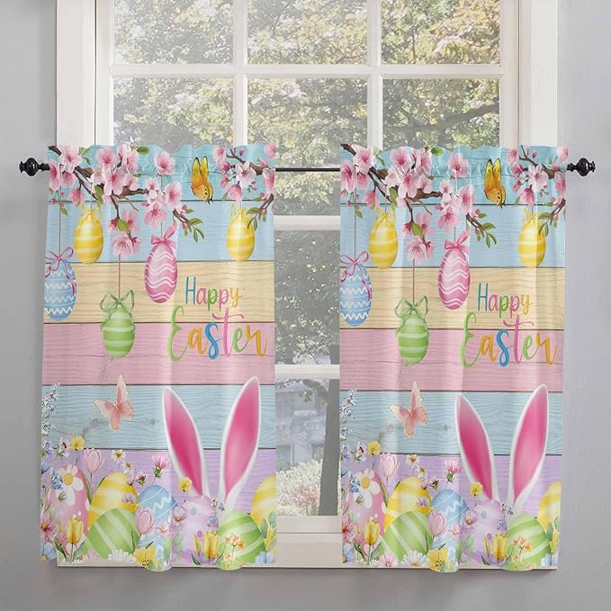 Colorful Easter Tier Curtains 45 Inches Long, Spring Watercolor Bunny Egg Flower Wood Grain Window Treatment Curtain Drapes, Small Curtain Drapes for Bathroom Laundry Room, 27.5"x45", 2 Panels
