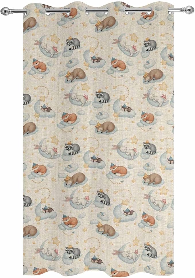 Cartoon Animals Outdoor Curtains for Patio Raccoons Rabbits Moon Linen Texture Waterproof Outside Curtains with Grommet Top Weatherproof Curtain for Cabana Pergola Gazebo, 1 Panel, 54" W x 84" L