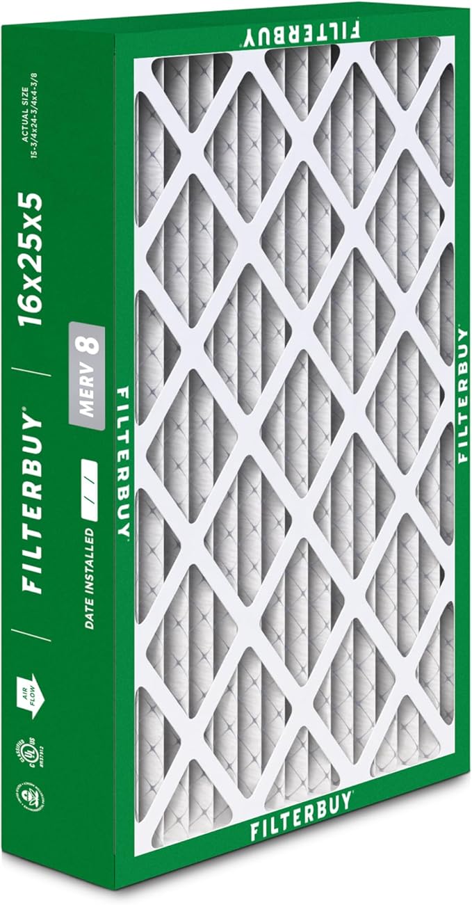 Filterbuy 16x25x5 Air Filter MERV 8 Essential Dust & Allergy Defense (2-Pack), Pleated HVAC AC Furnace Filters for Honeywell FC100A1029, Lennox X6670, and More (Actual Size: 15.75 x 24.75 x 4.38)