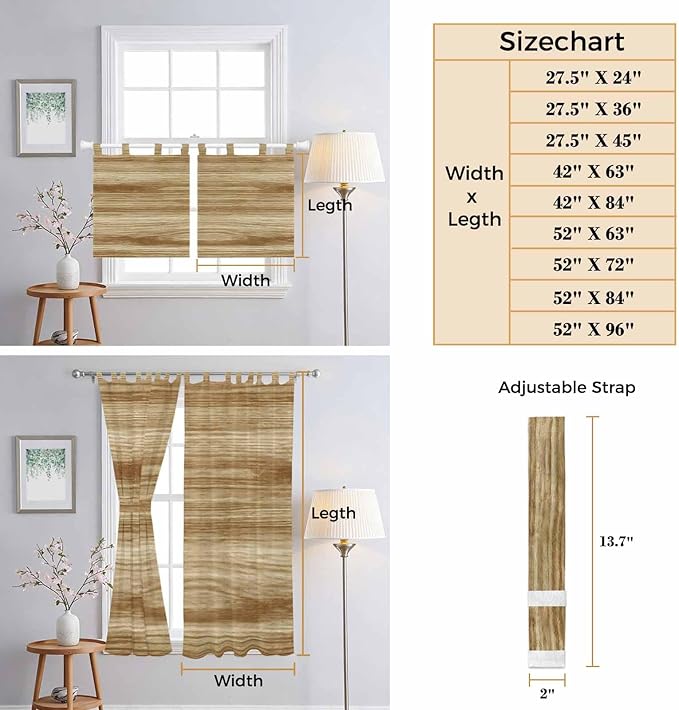 Light Brown Wood Grain Bedroom Curtains 72 Inch Length, Window Curtains Tab Top, Western Farmhouse Barn Door Light Filtering Window Treatments Drapes 52"x72" 2 Panel