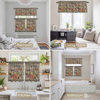 Spring Flowers Kitchen Curtains Set 3 Piece for Windows, Rod Pocket Valance and Tier Set 36 Inch Length, Farmhouse Vintage Black Plaid Wood Grain Light Filtering Cafe Curtains for Living Room Bathroom