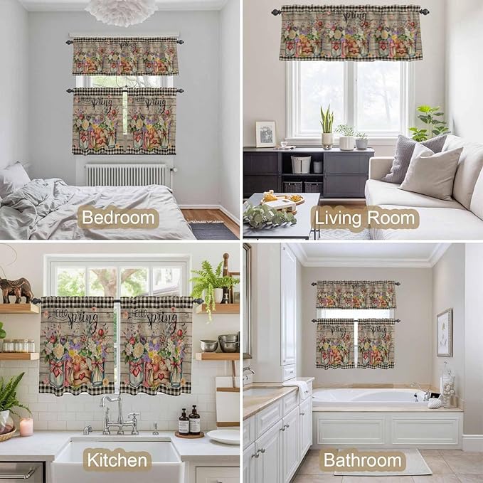 Spring Flowers Kitchen Curtains Set 3 Piece for Windows, Rod Pocket Valance and Tier Set 36 Inch Length, Farmhouse Vintage Black Plaid Wood Grain Light Filtering Cafe Curtains for Living Room Bathroom