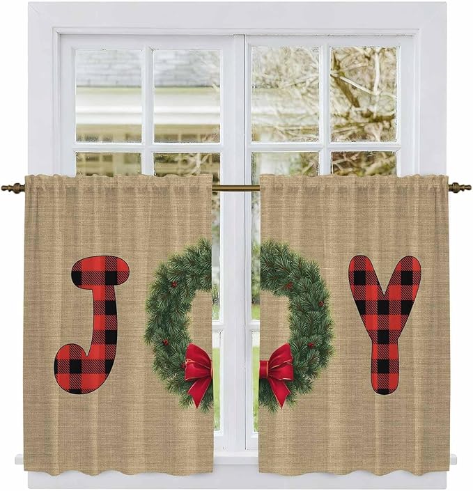 Red Green Christmas Kitchen Curtains 54 Inch Long 2 Panel Set, Rod Pocket Window Curtains Panels, Xmas Botanical Winter Farmhouse Light Filtering Privacy Draperies for Bedroom Laundry 42"W x 54"L