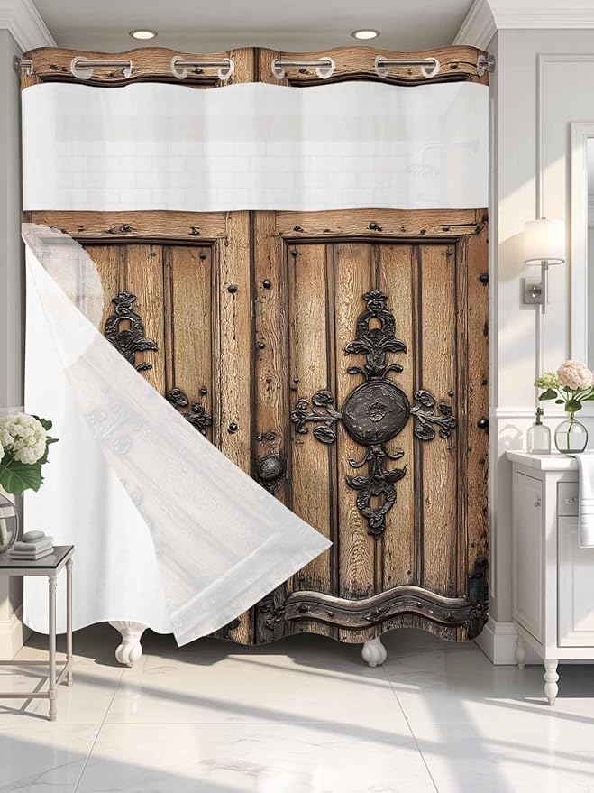 Wood Barn Door No Hook Shower Curtain with Snap in Liner Set, Waterproof Shower Curtains for Bathroom, Wooden Plank Fabric Shower Curtain, See Through Mesh Top Window, 72" W x 72" L